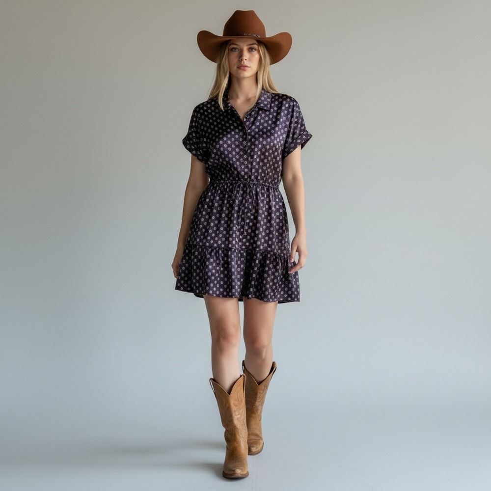 Lucky Brand Boho Floral Western Fest Urban Cowgirl Satin Fit Flare Dress M Lilac